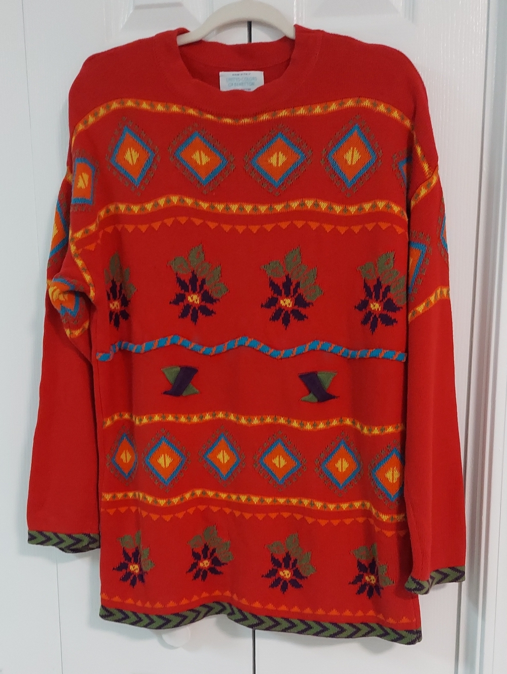 Benetton Sweater, Size M, 100% Cotton, Tomato Red, Colorful Knit, Italy